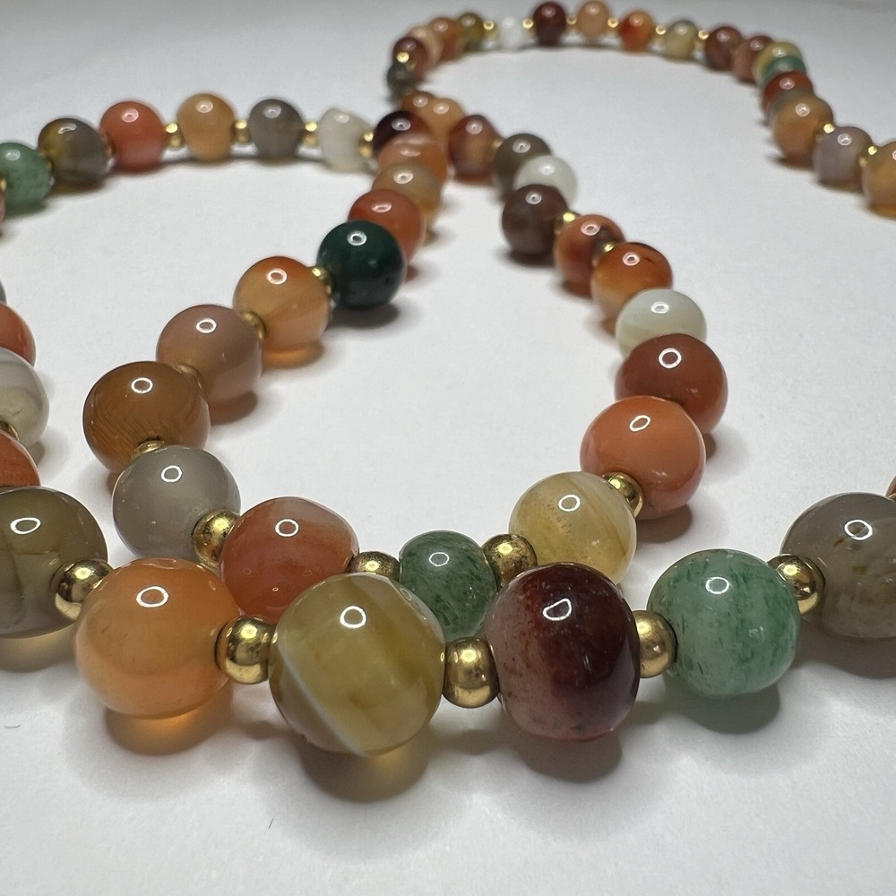 Vintage Multicolor Agate Bead Necklace Gold Tone Spacers‎ Barrel Clasp 24"